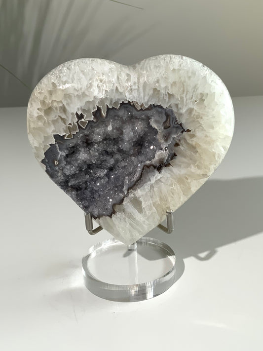 One-of-a-Kind Agate Heart with Silver Druzy Center on Stand