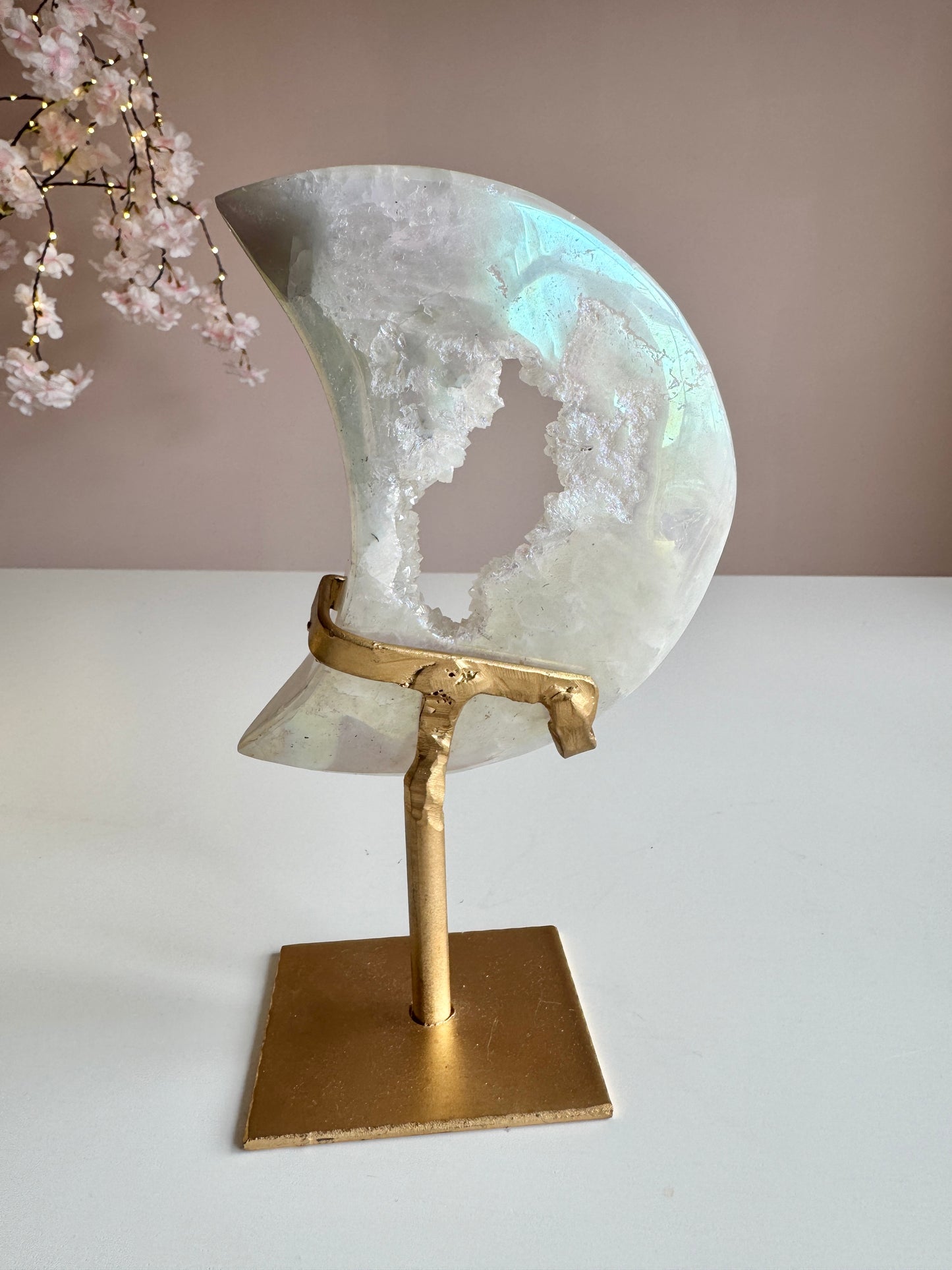 Beautiful Aura Druzy Crescent Moon on Gold Stand