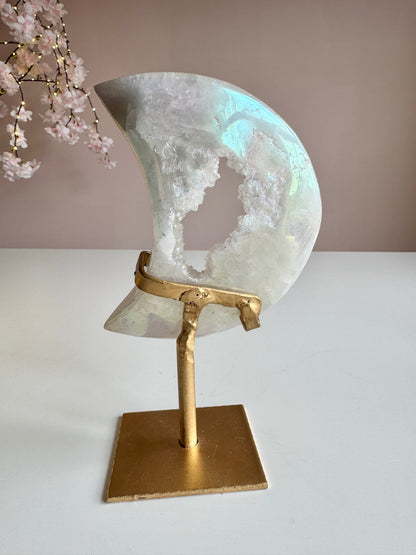 Beautiful Aura Druzy Crescent Moon on Gold Stand