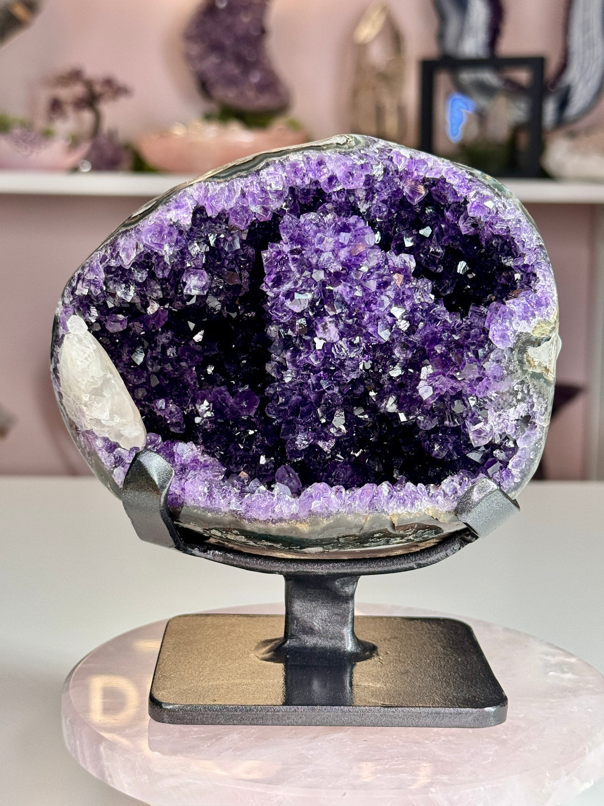 Beautiful Uruguay Amethyst Geode with White Calcite on Custom Stand