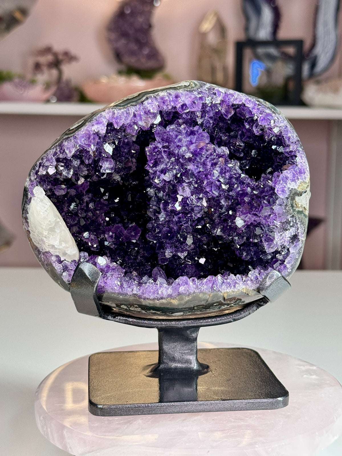 Beautiful Uruguay Amethyst Geode with White Calcite on Custom Stand