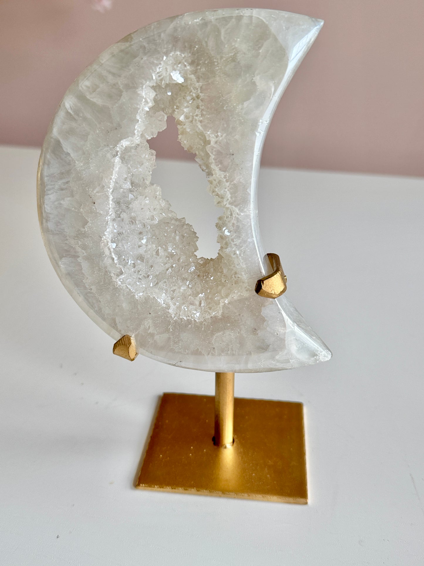Beautiful Aura Druzy Crescent Moon on Gold Stand
