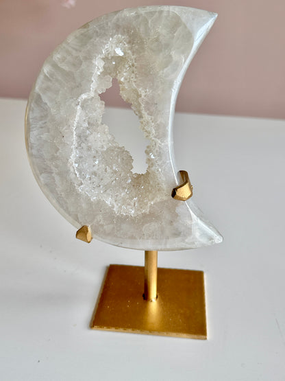Beautiful Aura Druzy Crescent Moon on Gold Stand