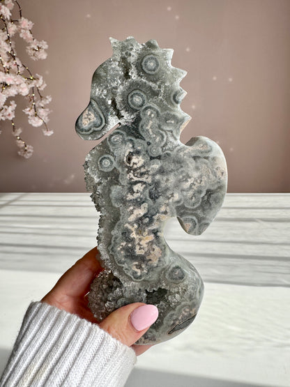 Green Amethyst Druzy Seahorse with Natural Stalactites