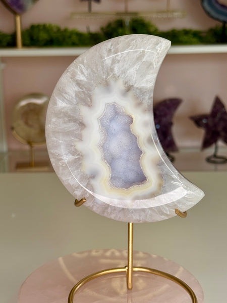 Beautiful Agate Crescent Moon with Lavender Druzy Center on Gold Stand