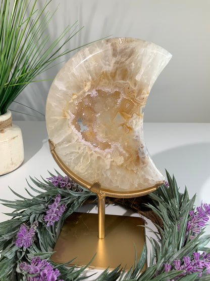 Beautiful Agate Druzy Moon on Gold Stand – Statement Crystal Décor