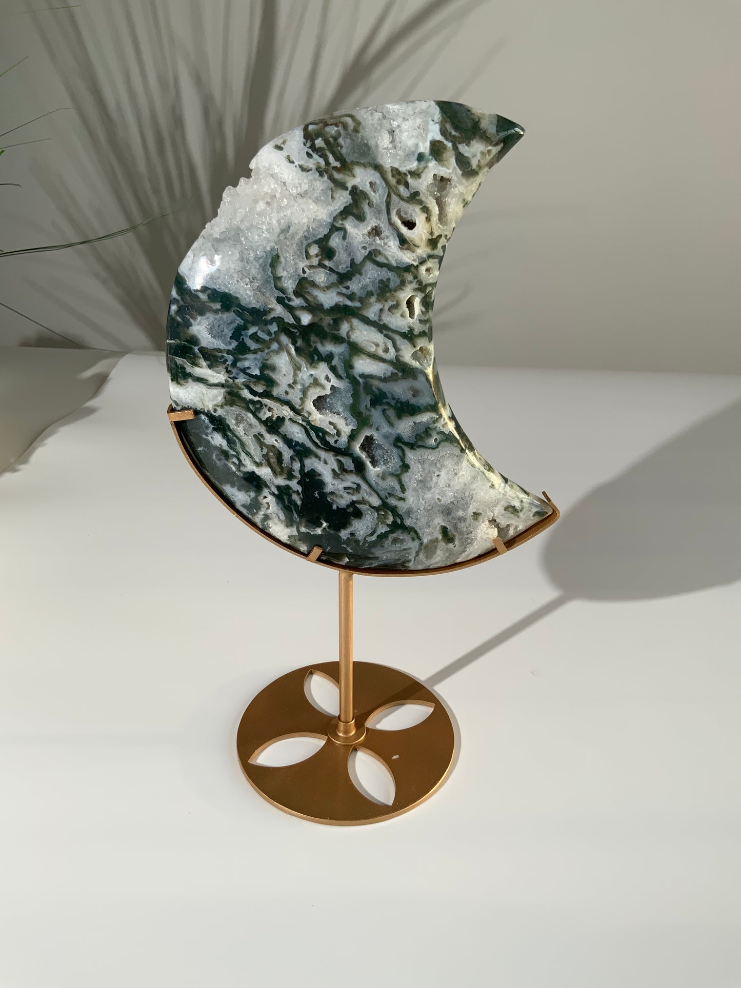 Large Beautiful Moss Agate Moon on Stand | Grounding • Growth • New Beginnings