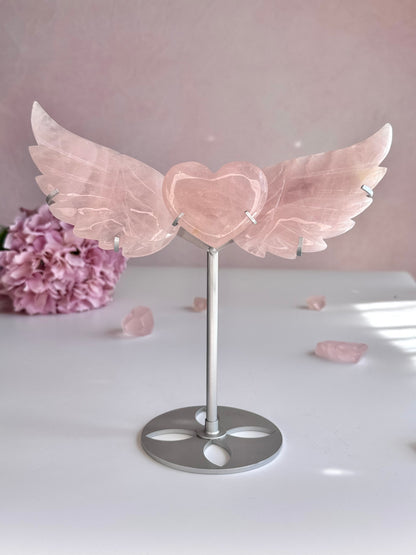 Rose Quartz Angel Wings with Heart on Stand