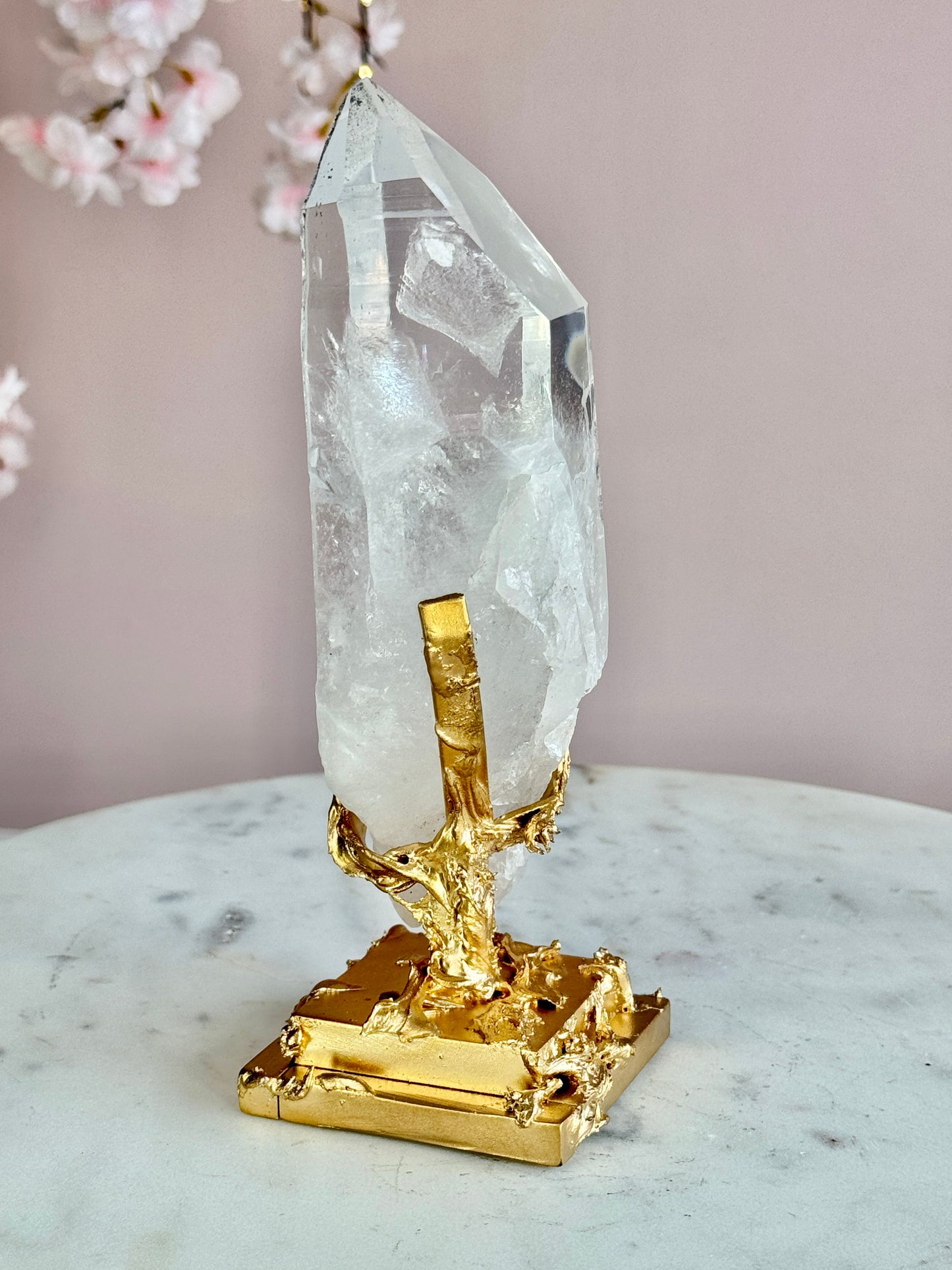 Lemurian Quartz with Black Tourmaline Inclusions  on Custom Gold Stand
