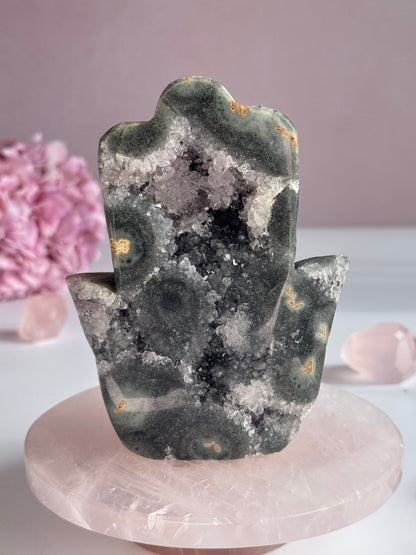 Natural Uruguay Green Amethyst Hamsa with Sparkling Druzy Quartz