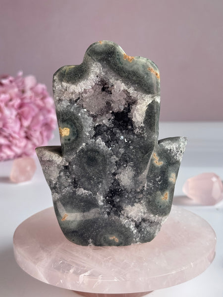Natural Uruguay Green Amethyst Hamsa with Sparkling Druzy Quartz