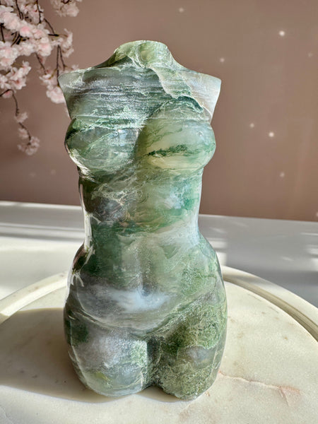 Natural Moss Agate Goddess Body Carving with Druzy | Divine Feminine Crystal Statue