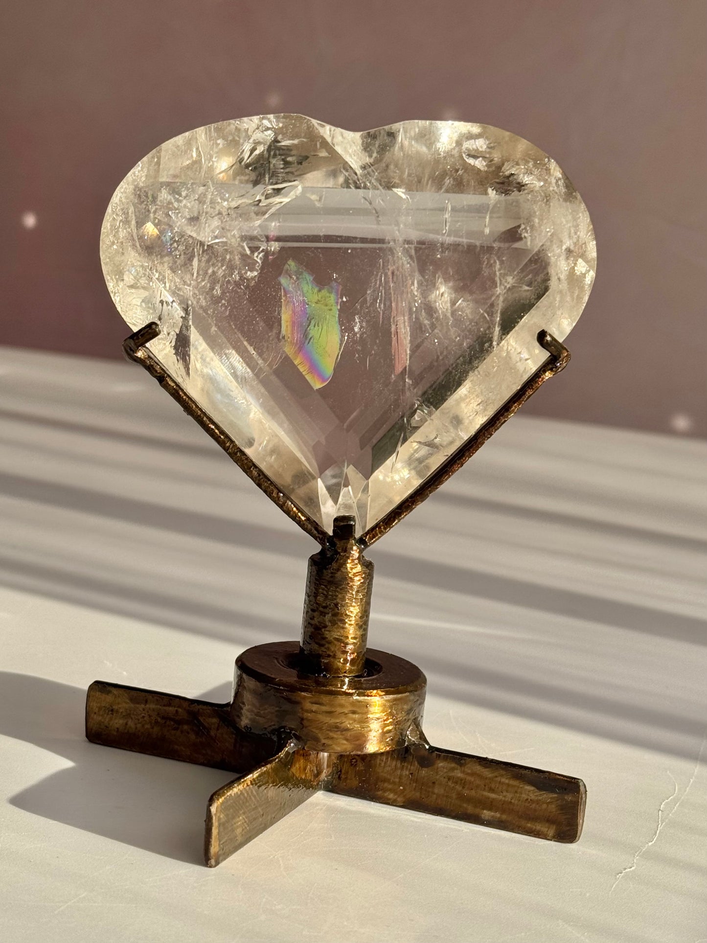 Rainbow Quartz Faceted Heart on Custom Spin Stand