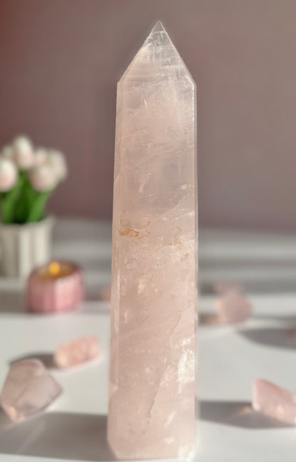 💗 Rose Quartz Tower – 13.5” Tall | 4 lb Statement Piece