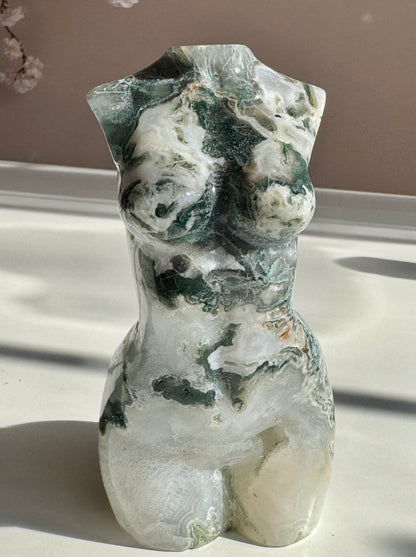 Large  Moss Agate Goddess Body Carving with Druzy | Divine Feminine Crystal Statue