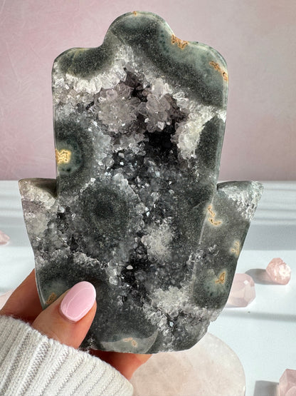 Natural Uruguay Green Amethyst Hamsa with Sparkling Druzy Quartz