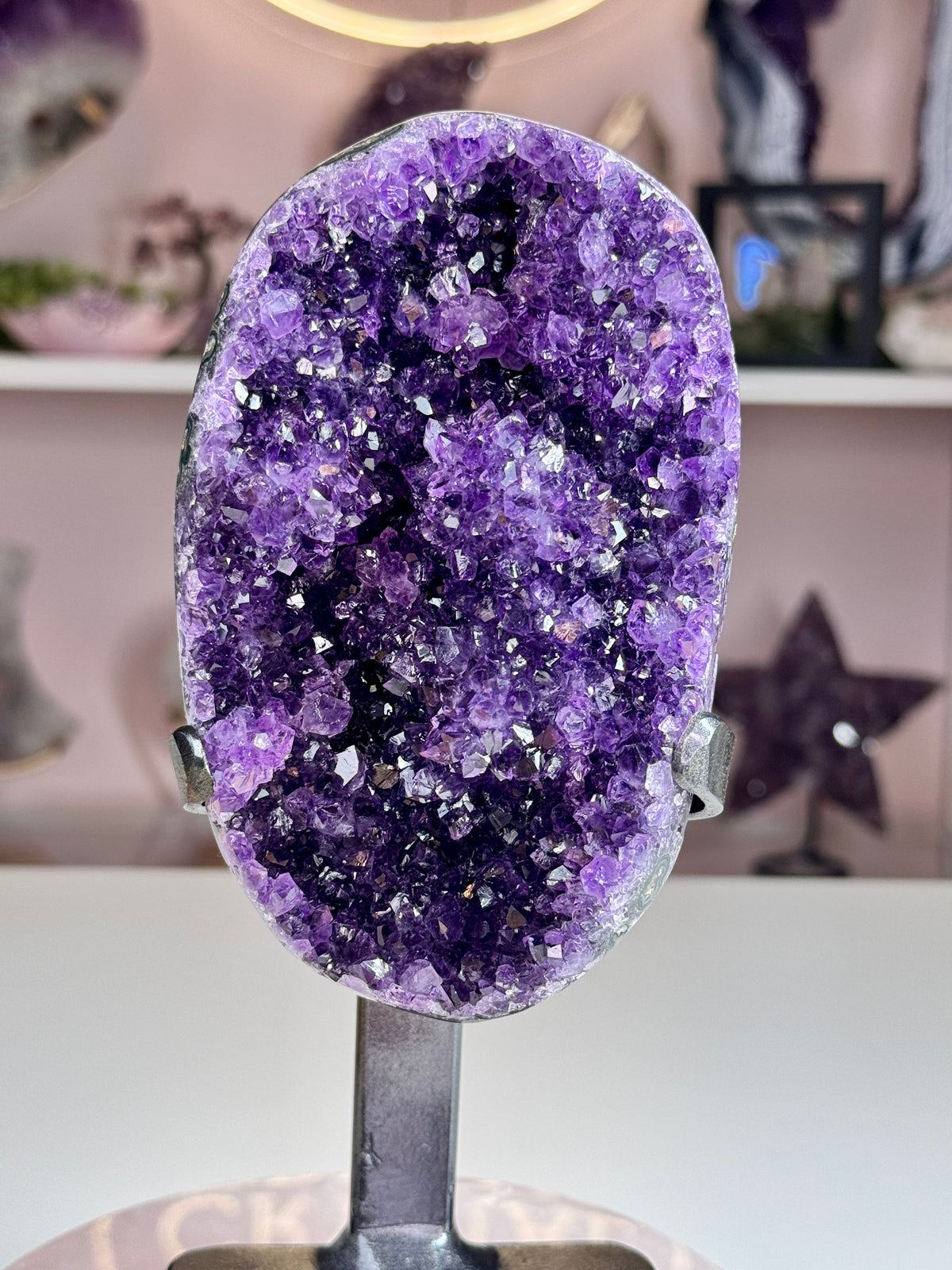 Deep Grape Jelly Uruguay Amethyst Geode with Flower-Like Crystal Formations | Custom Stand