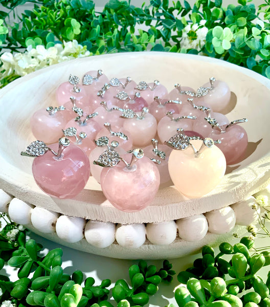 🌸 Rose Quartz Apple Carving with Silver Stem