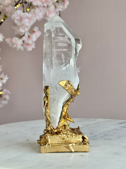 Lemurian Quartz Point on Custom Gold Stand
