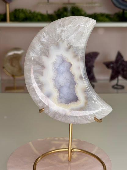 Beautiful Agate Crescent Moon with Lavender Druzy Center on Gold Stand