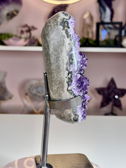 Deep Grape Jelly Uruguay Amethyst Geode with Flower-Like Crystal Formations | Custom Stand