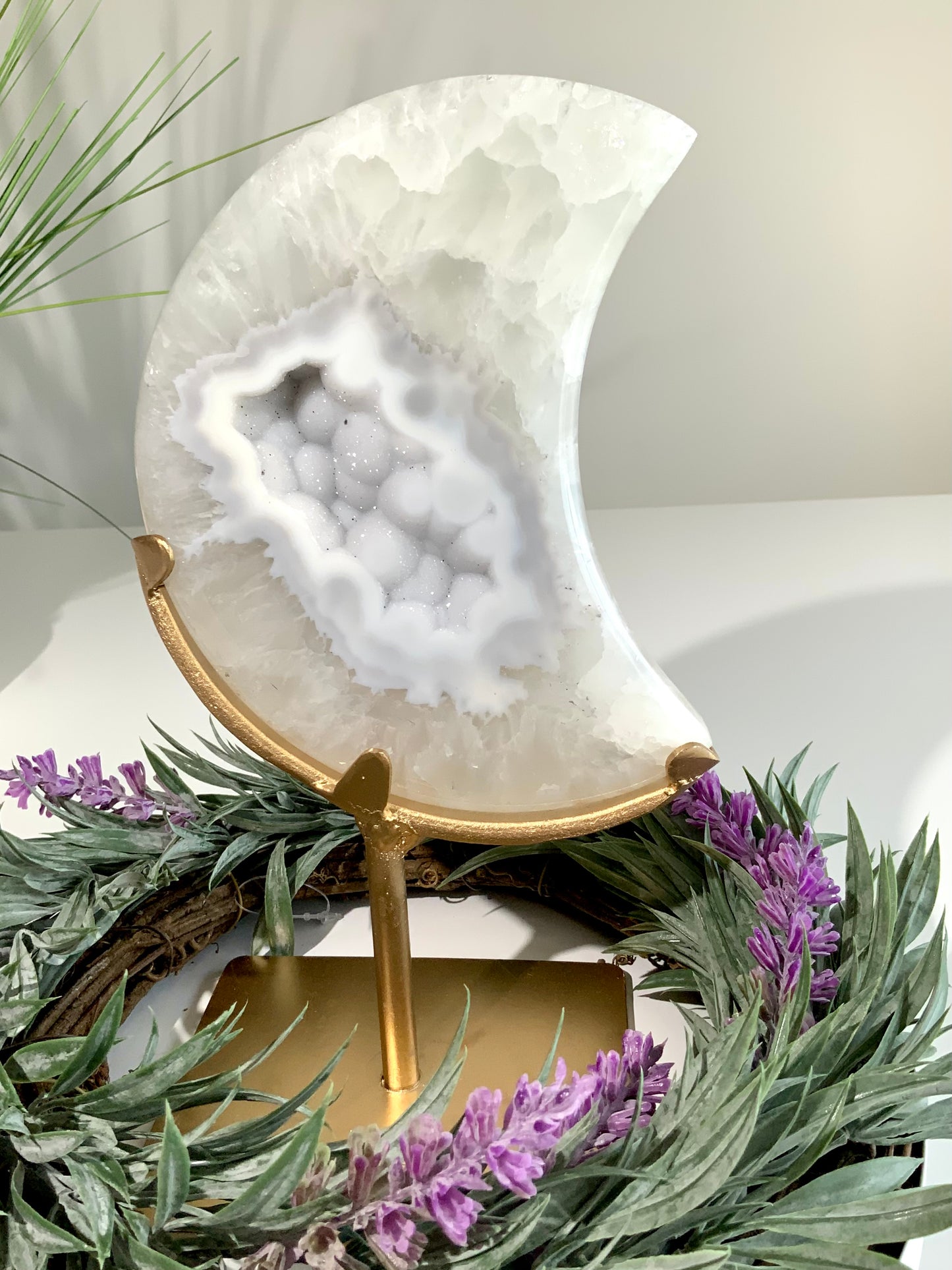 Pale Blue Sugar Druzy Agate Moon on Gold Stand-A