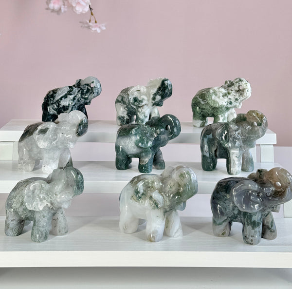 Hand Carved Moss Agate Elephant | Crystal Figurine | Choose Your Piece (A–K)