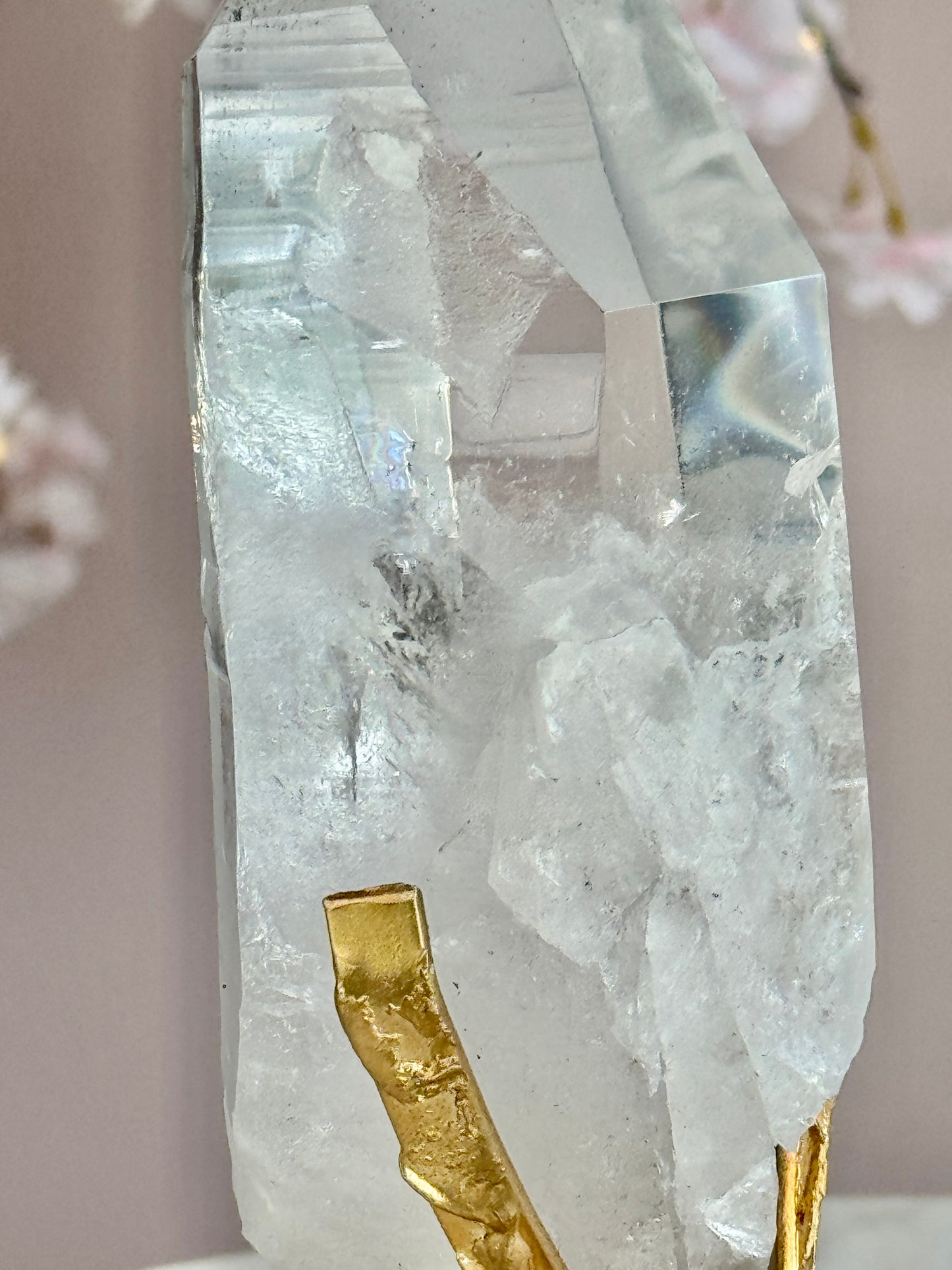 Lemurian Quartz with Black Tourmaline Inclusions  on Custom Gold Stand