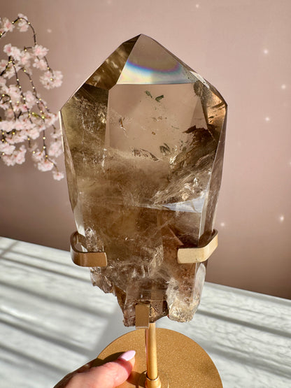 Rare Double Phantom Smoky Quartz Point with Rainbow on Gold Stand