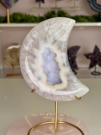 Beautiful Agate Crescent Moon with Lavender Druzy Center on Gold Stand