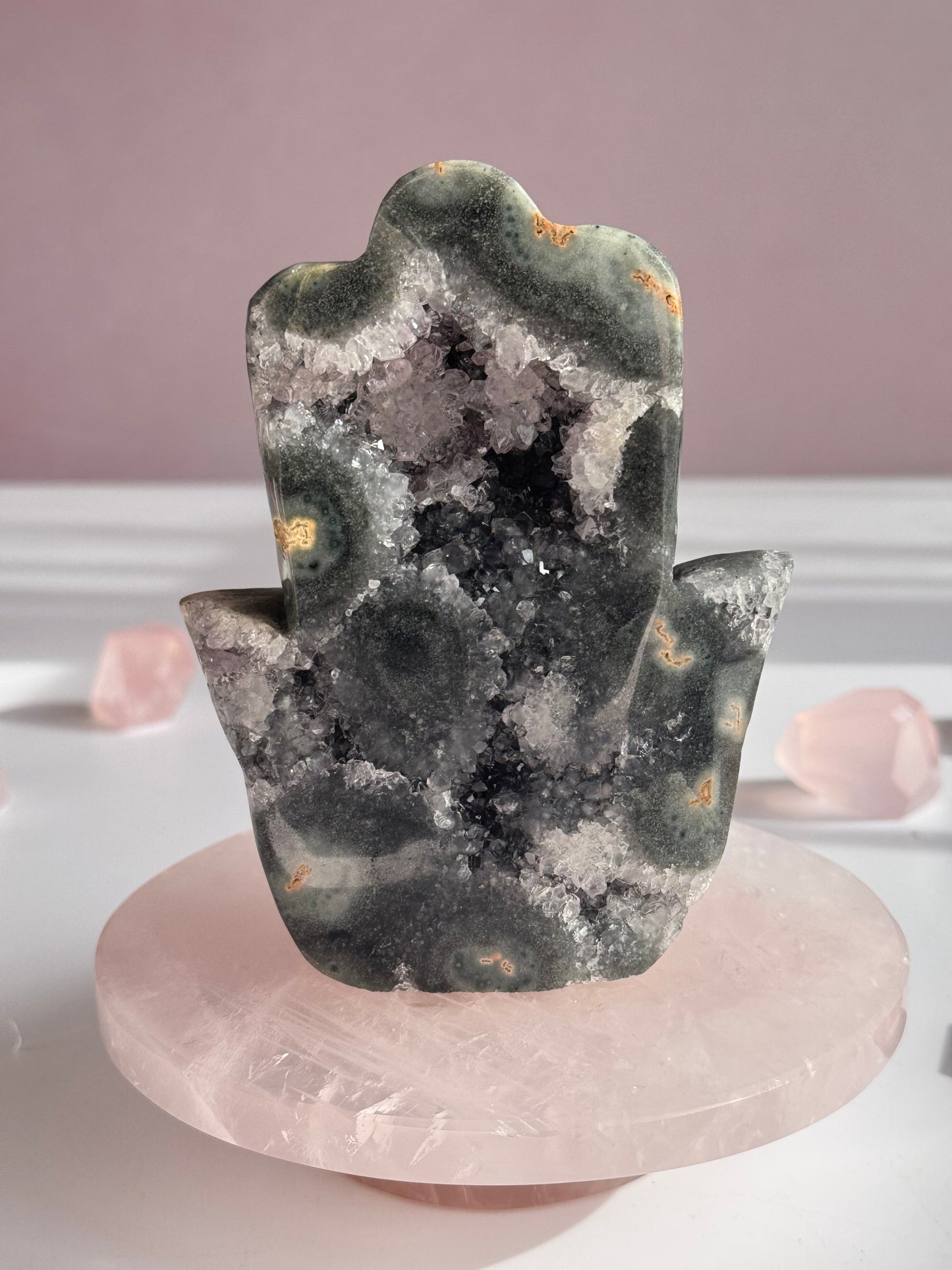 Natural Uruguay Green Amethyst Hamsa with Sparkling Druzy Quartz