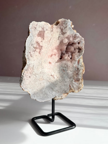 Pink amethyst with druzy on stand statement