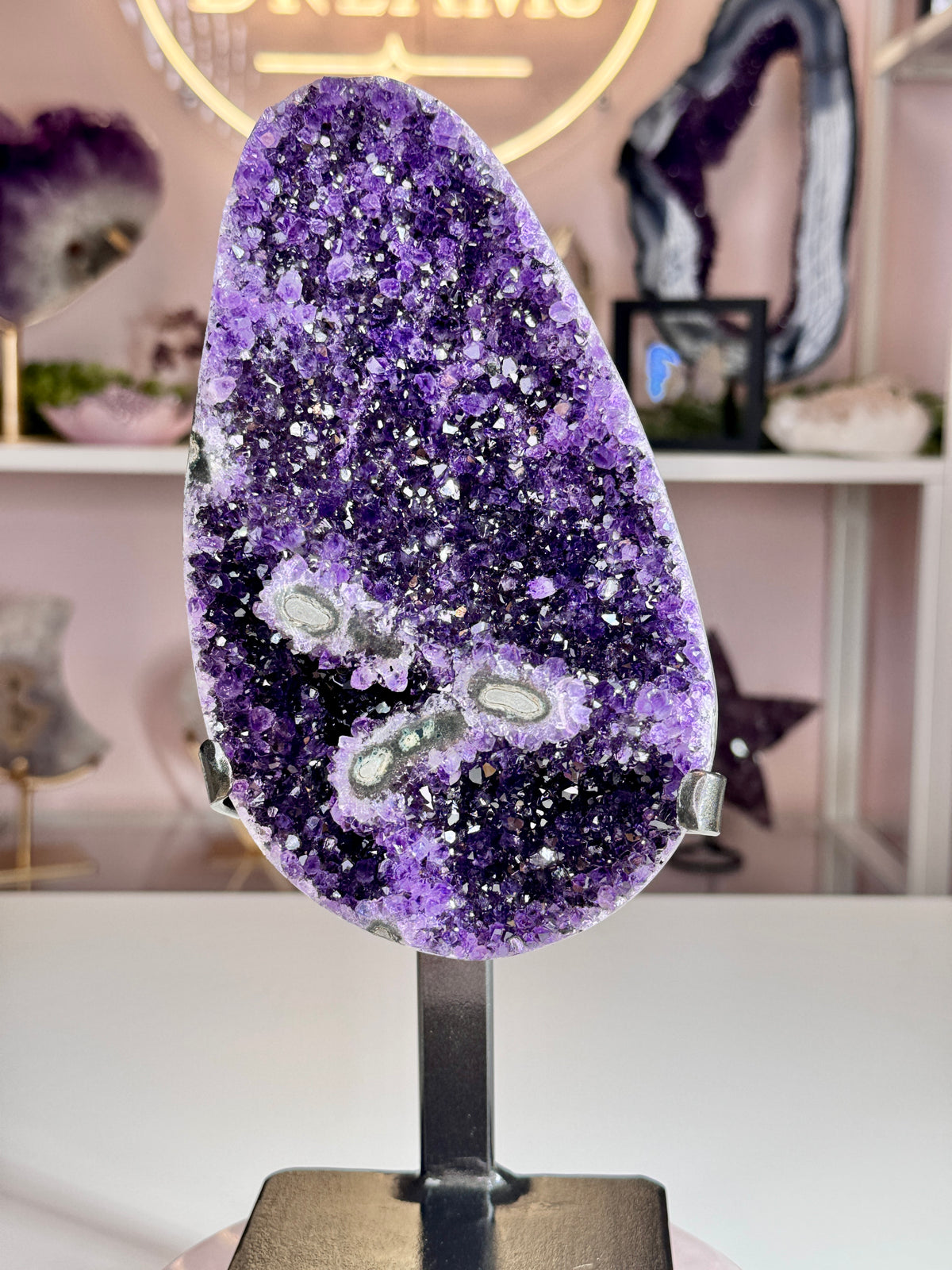 Uruguay Amethyst with Flower Formations on Stand