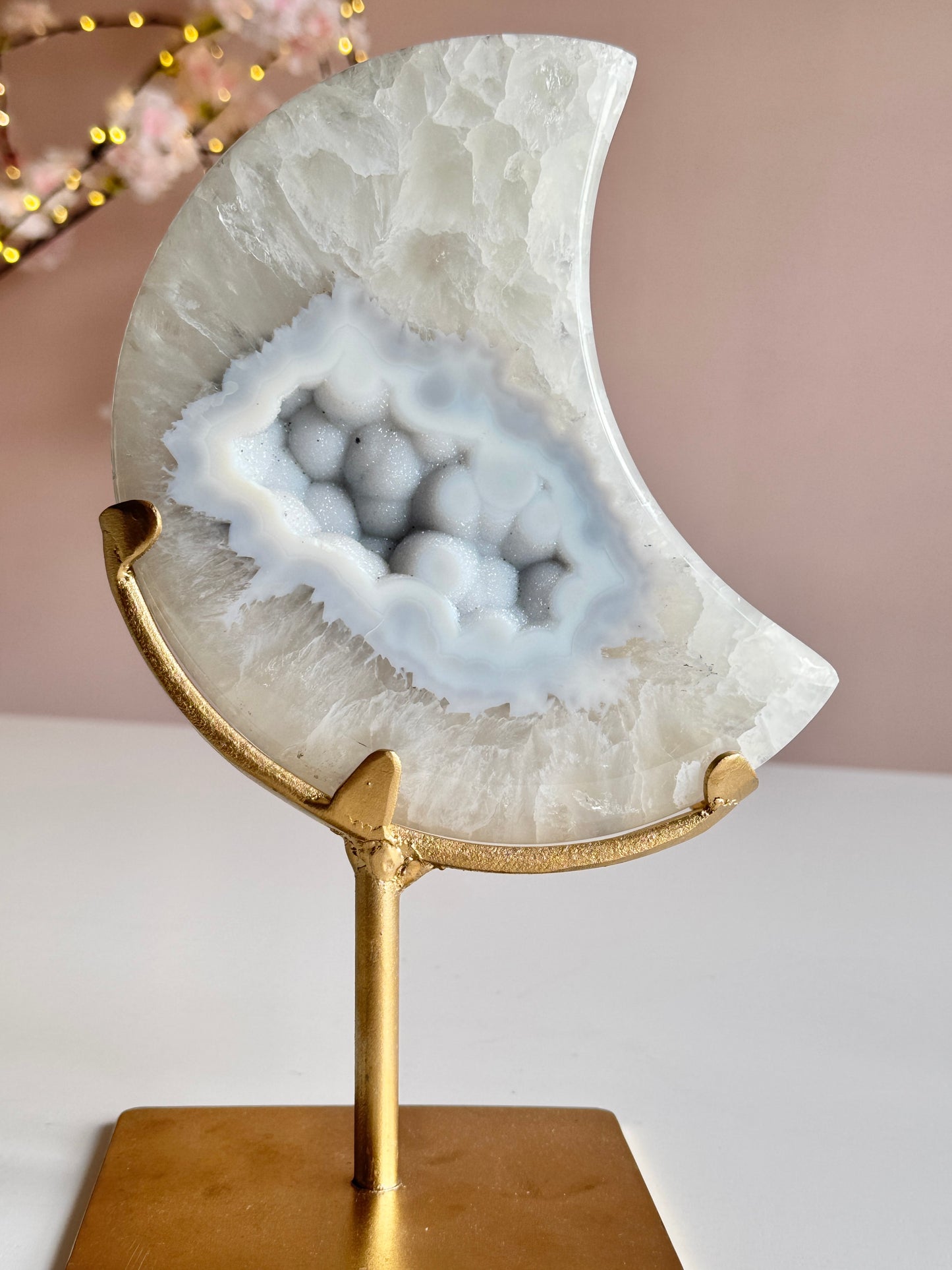 Beautiful Blue Sugar Druzy Agate Crescent Moon on Custom Gold Stand