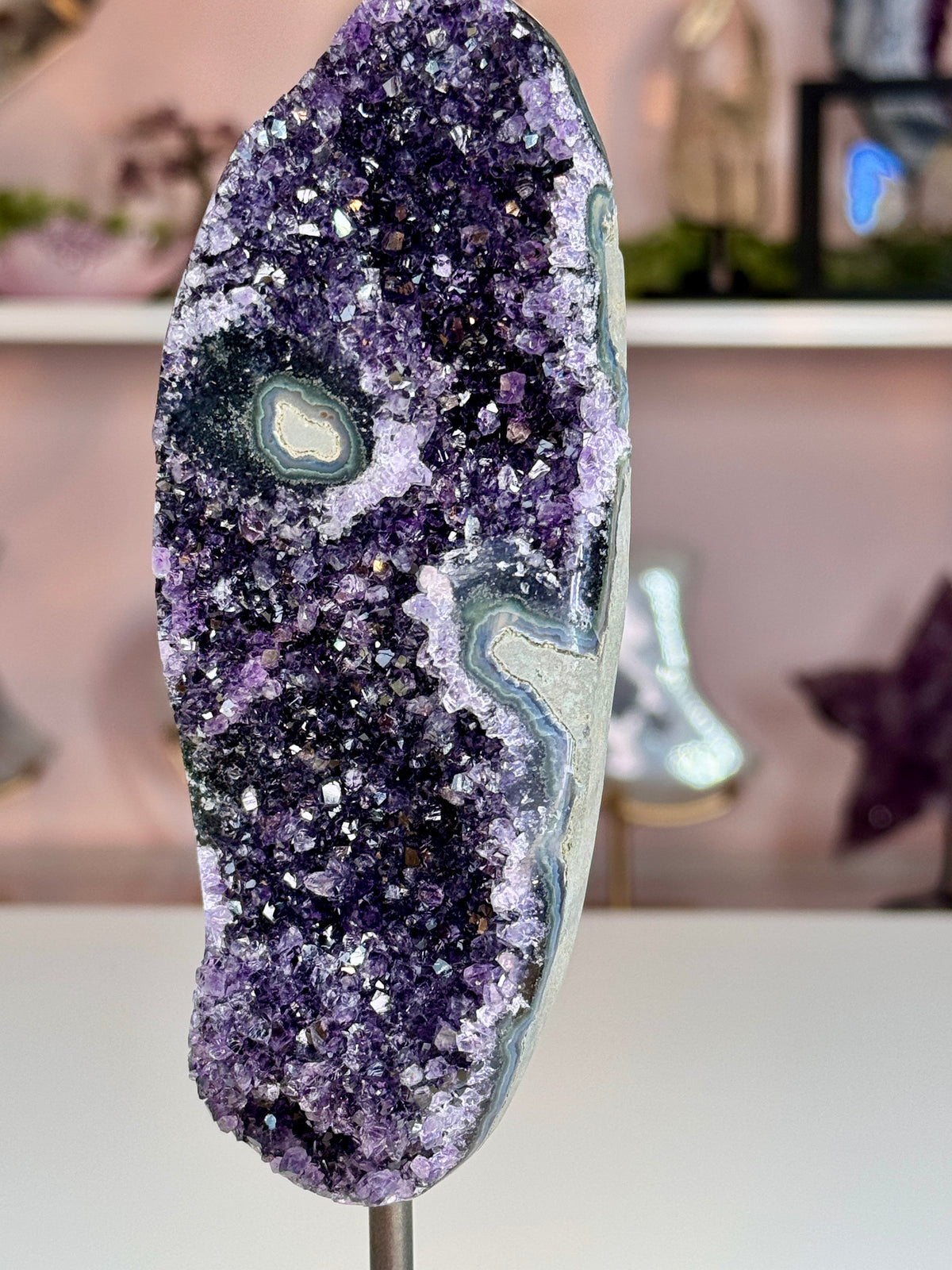 Uruguay Amethyst on Stand | Deep Purple Druzy with Agate Eyes