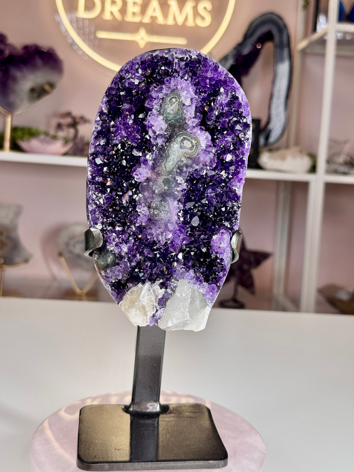 Uruguayan Amethyst with Calcite & Stalactite-Like Formations | Custom Stand