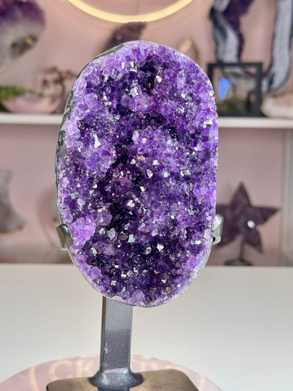 Deep Grape Jelly Uruguay Amethyst Geode with Flower-Like Crystal Formations | Custom Stand