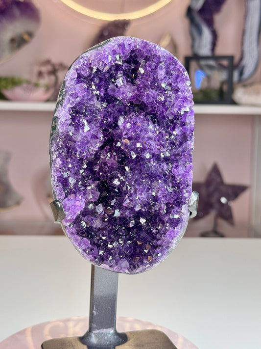 Deep Grape Jelly Uruguay Amethyst Geode with Flower-Like Crystal Formations | Custom Stand