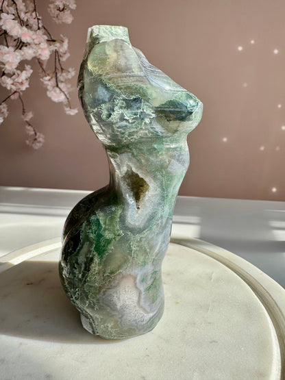 Natural Moss Agate Goddess Body Carving with Druzy | Divine Feminine Crystal Statue