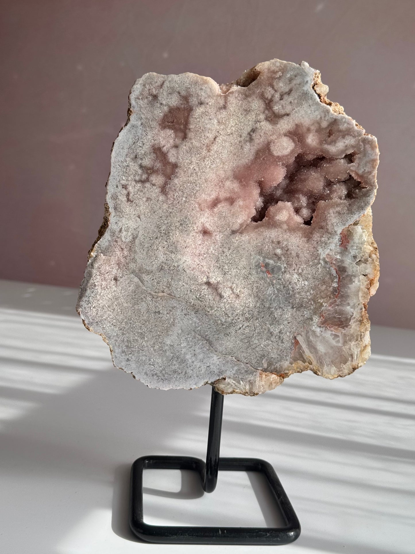 Pink amethyst with druzy on stand statement