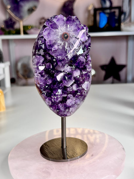 Uruguayan Amethyst Cluster with Stalactite Flower | Deep Purple Amethyst Geode on Stand | Crystal Statement Piece