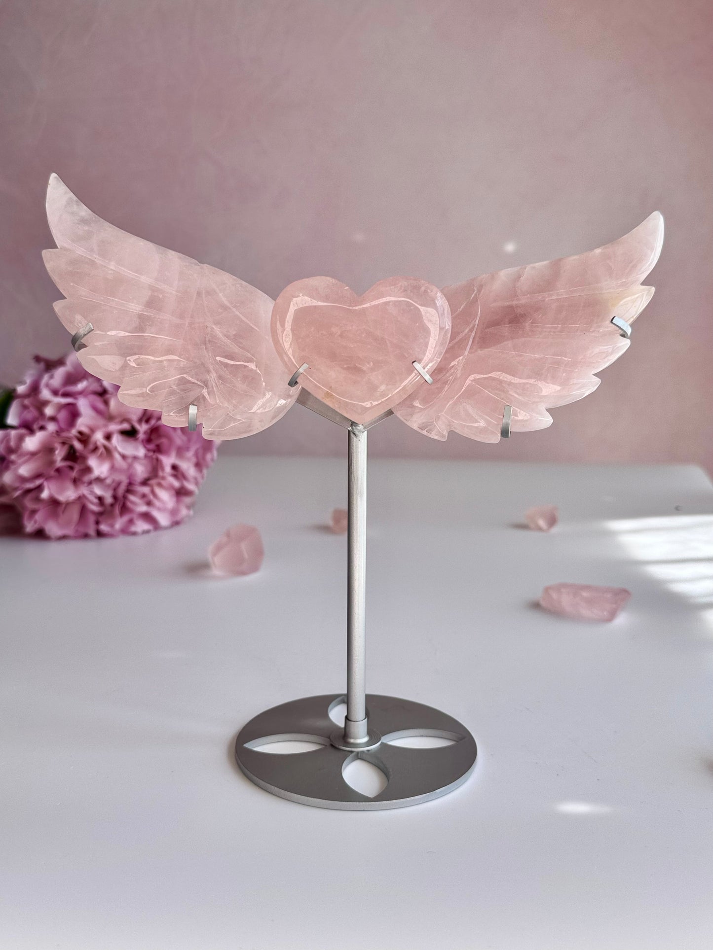 Rose Quartz Angel Wings with Heart on Stand