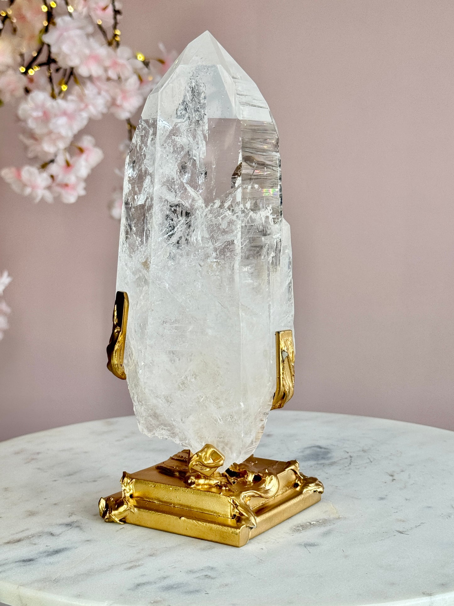 Lemurian Quartz Statement on Sculptural Gold Stand