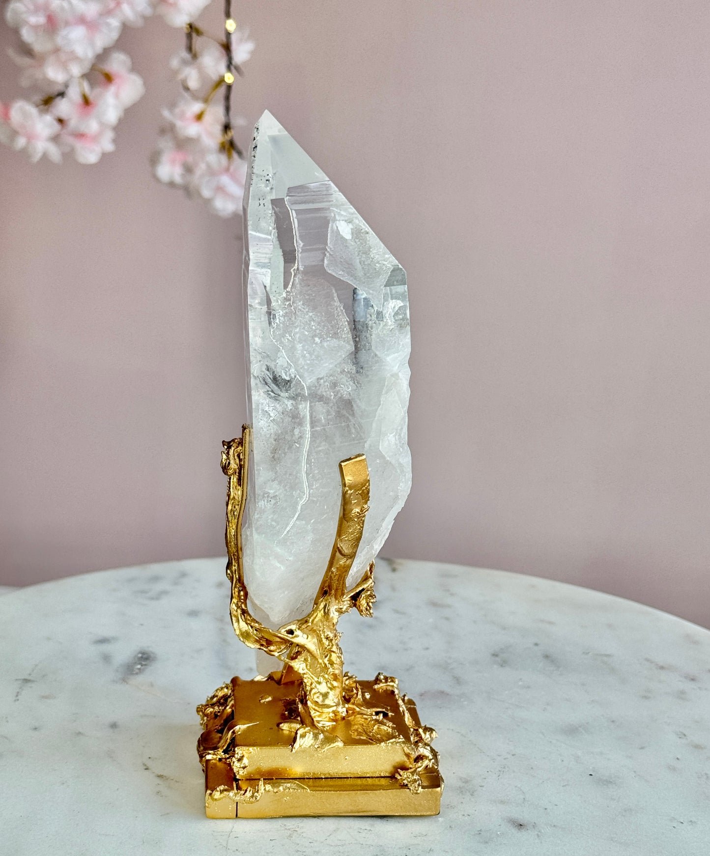 Lemurian Quartz with Black Tourmaline Inclusions  on Custom Gold Stand