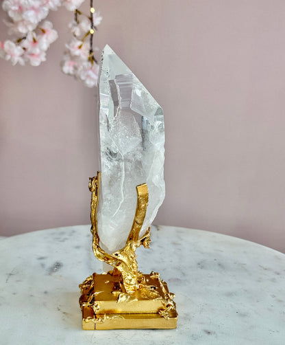 Lemurian Quartz with Black Tourmaline Inclusions  on Custom Gold Stand