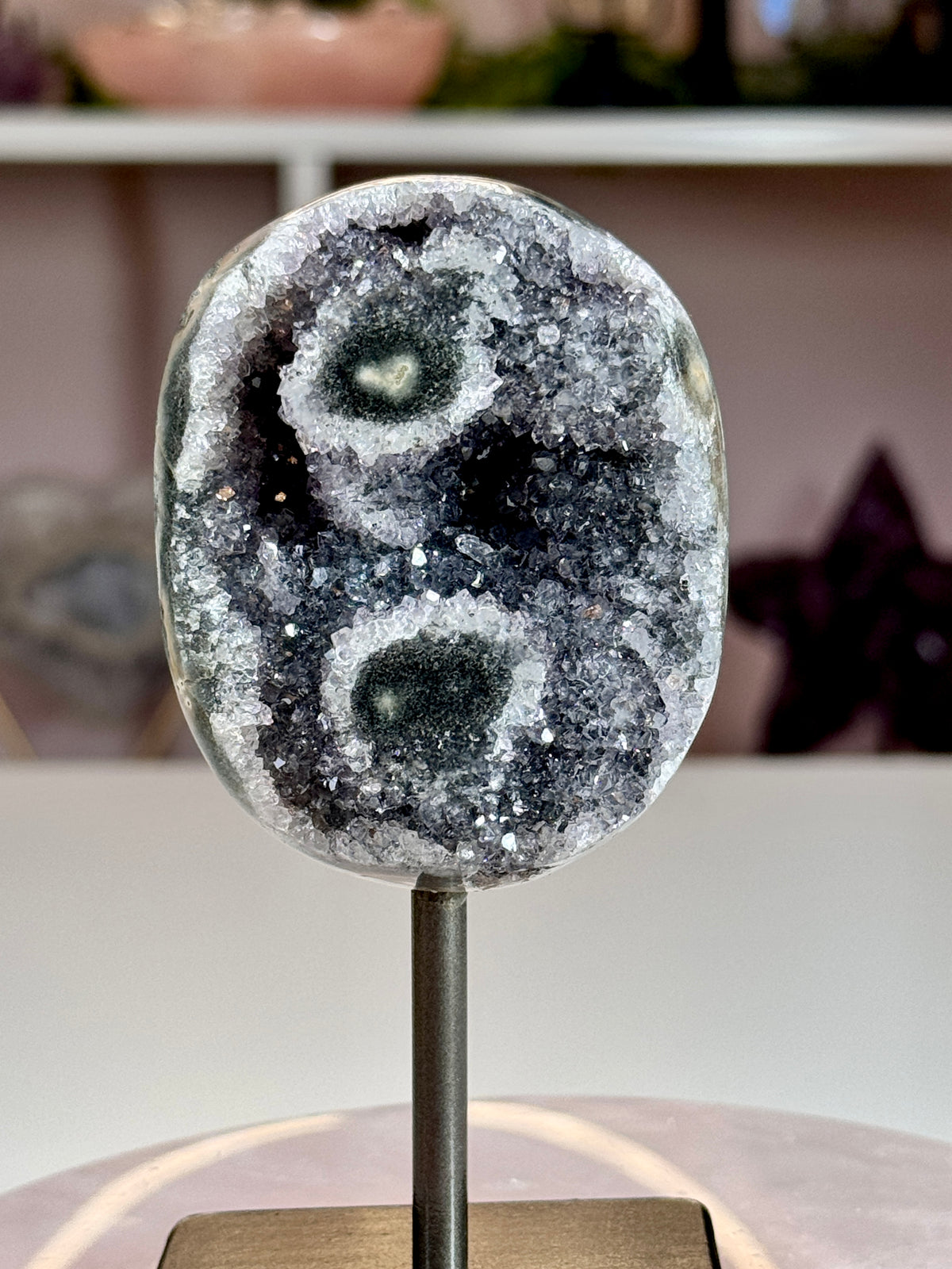 Uruguay Amethyst with Double Stalactite Eyes | Druzy Crystal on Stand