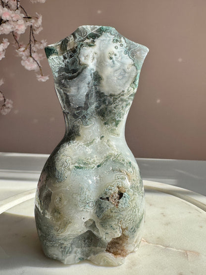Large  Moss Agate Goddess Body Carving with Druzy | Divine Feminine Crystal Statue