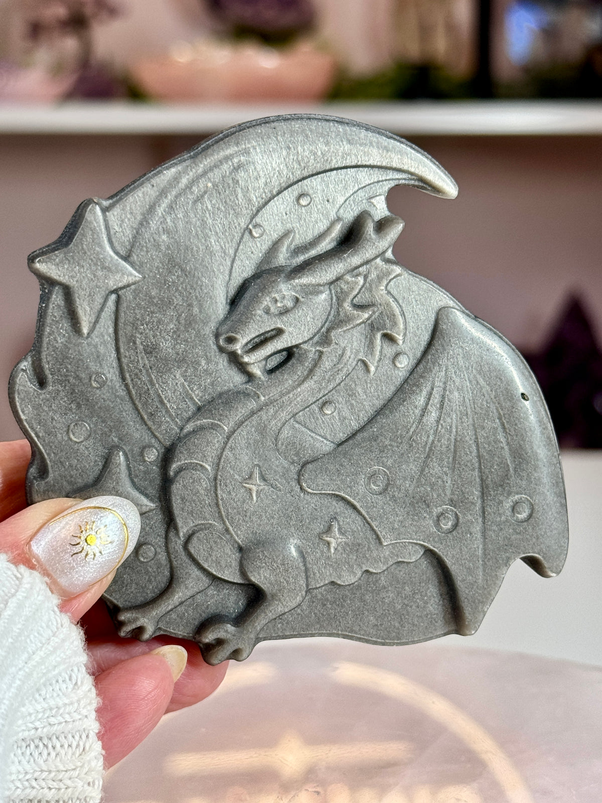 Silver Sheen Obsidian Dragon & Crescent Moon Carving | Celestial Crystal