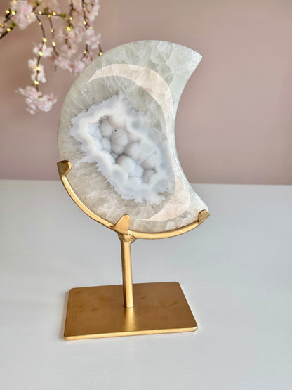 Beautiful Blue Sugar Druzy Agate Crescent Moon on Custom Gold Stand