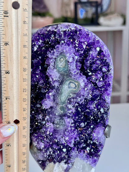 Uruguayan Amethyst with Calcite & Stalactite-Like Formations | Custom Stand